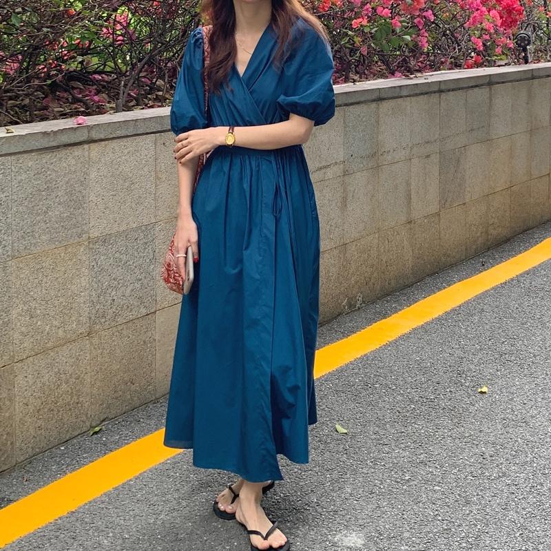 Đầm mầu trơn vạt chéo buộc nơ ngắn tay