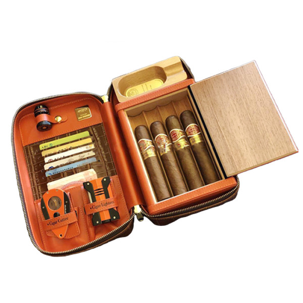 Bộ Set Bao Da Và Phụ Kiện Xì Gà JF-502 Bao Gôm Hộp Đựng, Hột Quẹt Bật Lửa, Cắt, Gạt Tàn, Kệ Kê Cigar Bằng Gỗ Tuyết Tùng Cao Cấp