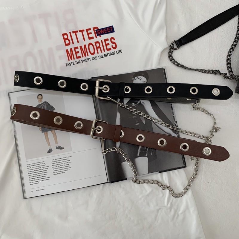 Dây thắt lưng da viền bạc tặng kèm xích chain nam nữ Ulzzang BELT bạc Style HÀN QUỐC LOẠI 1 cá tính