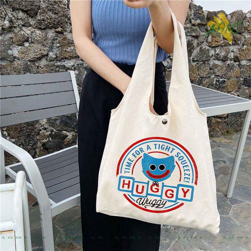 TOTE CANVAS HUGGY WUGGY FORM TRÒN TÚI VẢI ĐEO VAI BAG NÚT BẤM SIZE LỚN AOMIVN DU LỊCH MÀU ĐEN TRẮNG