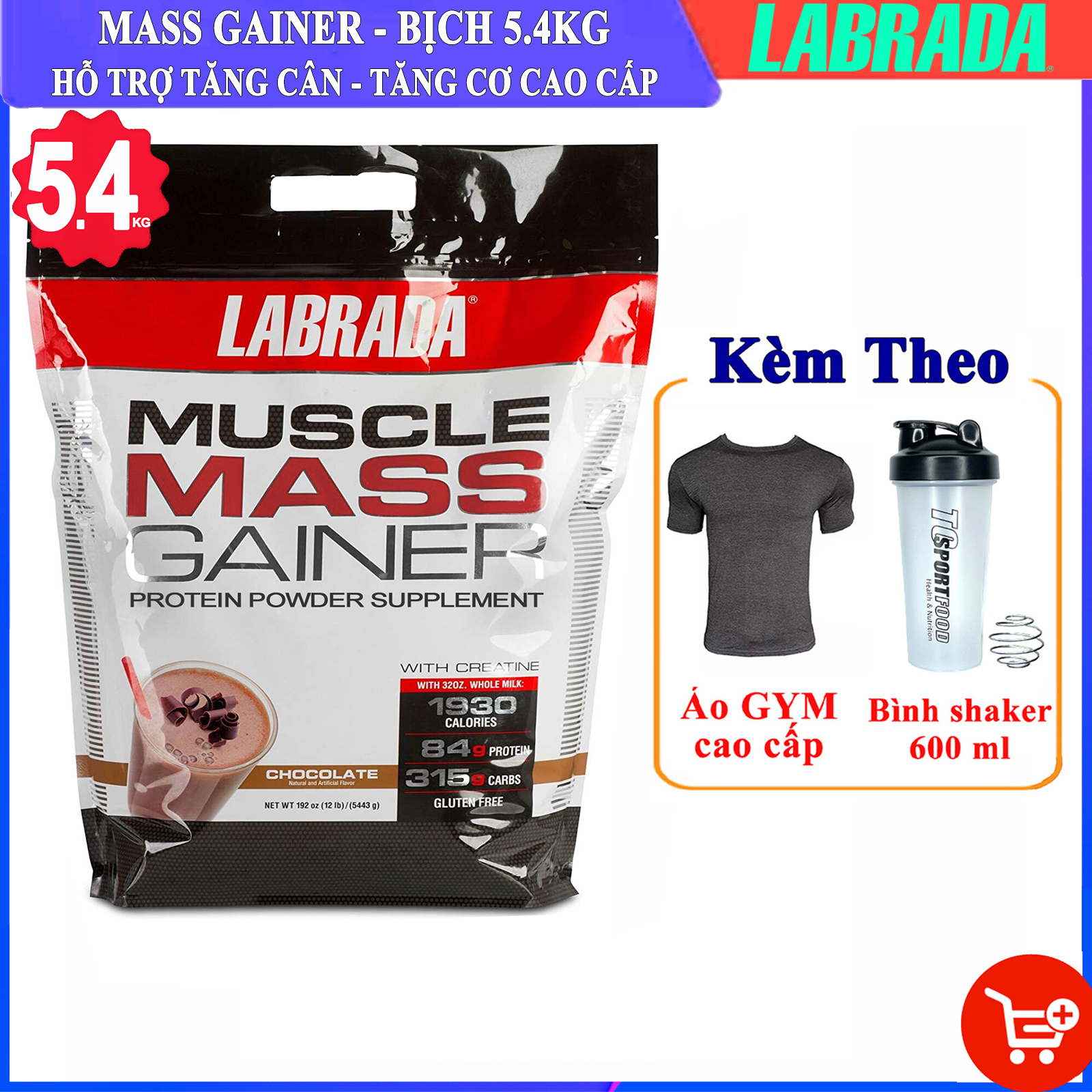 Combo Sữa tăng cân tăng cơ Muscle Mass Gainer của Labrada bịch 5.4 kg hỗ trợ tăng cân, tăng cơ nạc cho người gầy kén ăn, khó hấp thụ thức ăn tự nhiên &amp; Bình lắc 600 ml (Màu Ngẫu Nhiên) &amp; Cặp cuốn tay