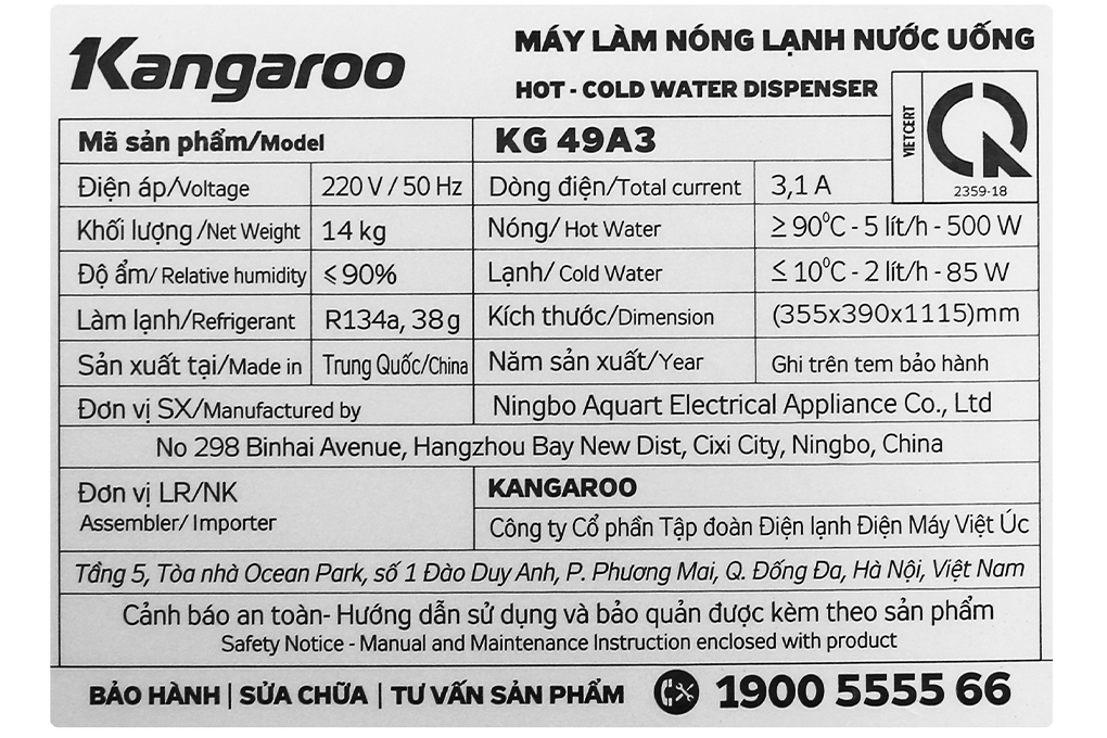 Cây nước nóng lạnh 2 vòi Kangaroo KG49A3 - Hàng chính hãng