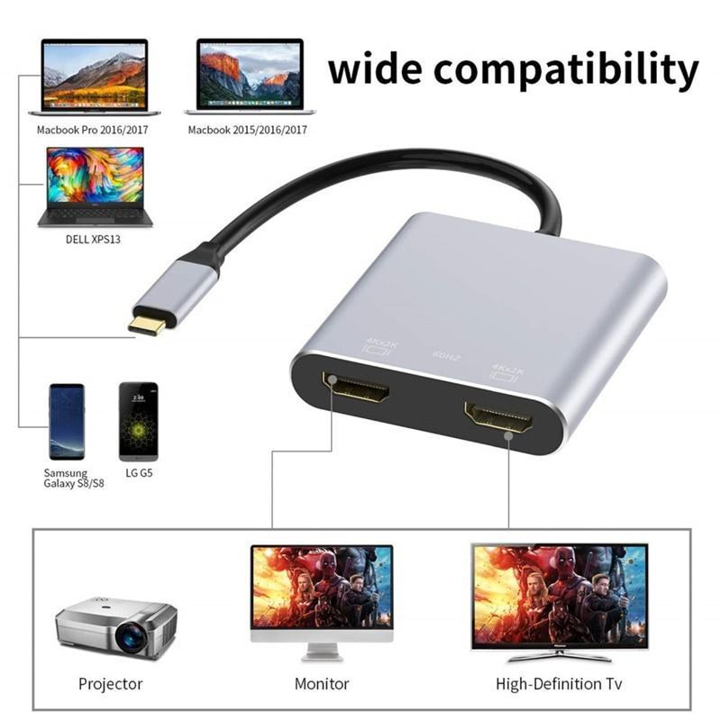 Bộ Chia Cổng Sạc USB C Sang Hai Cổng HDMI 4 Trong 1 3.0 Và PD Tương Thích Với Thunderbolt 3, Mac, Windows, Multi-Type C