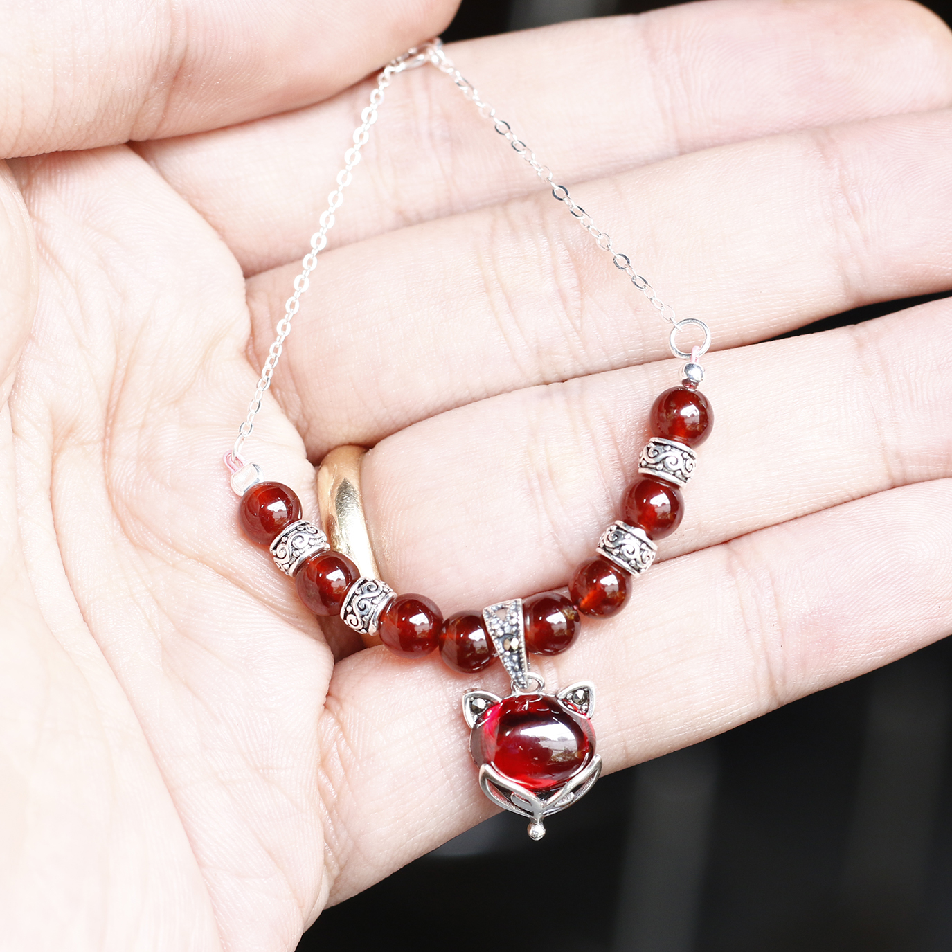 Bộ trang sức đá garnet phối hồ ly bọc bạc mệnh hỏa,thổ - Ngọc Quý Gemstones