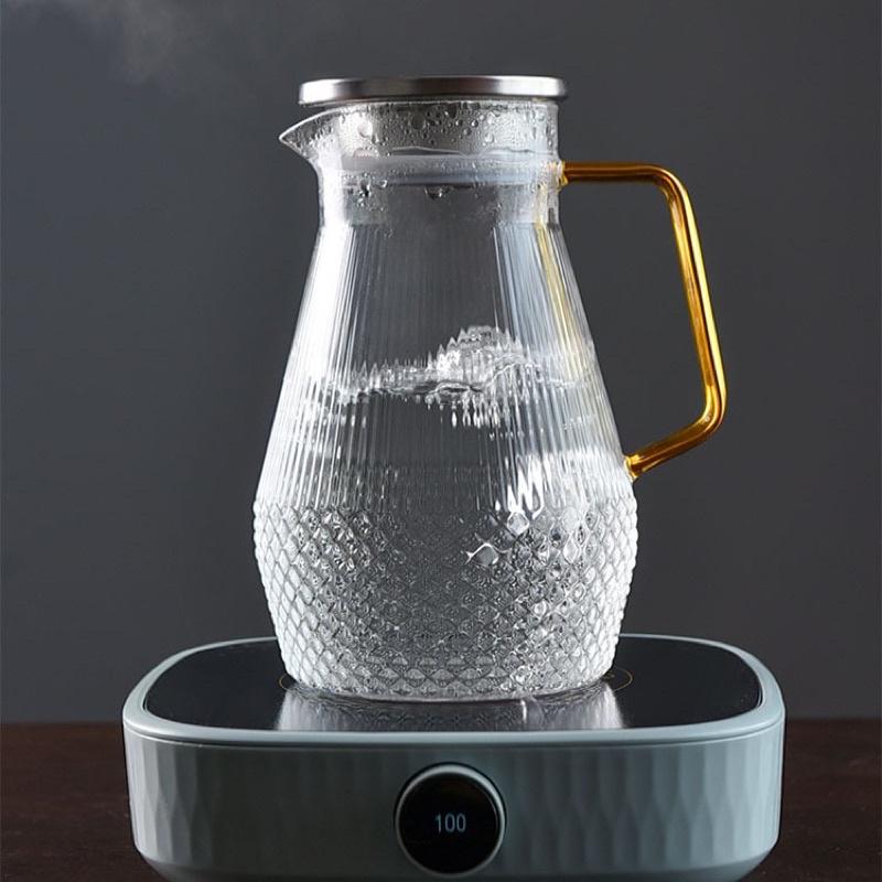 Bình đựng nước Vân Sọc Kim Cương 1.5L, Bình nước thủy tinhcao cấp borosilicate chịu nhiệt, cốc uống kim cương quai vàng