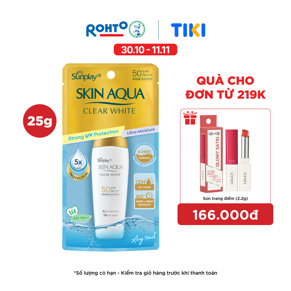 Kem chống nắng Skin Aqua dưỡng trắng, kiểm dầu, dùng hàng ngày dạng sữa Sunplay Skin Aqua Clear White Eco Việt Nam SPF50, PA++++ 25g