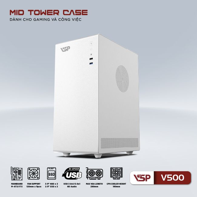 Vỏ máy tính Case VSP V500 [TRẮNG] Gaming Kính cường lực (Micro ATX/ITX) - Hàng chính hãng VSP phân phối