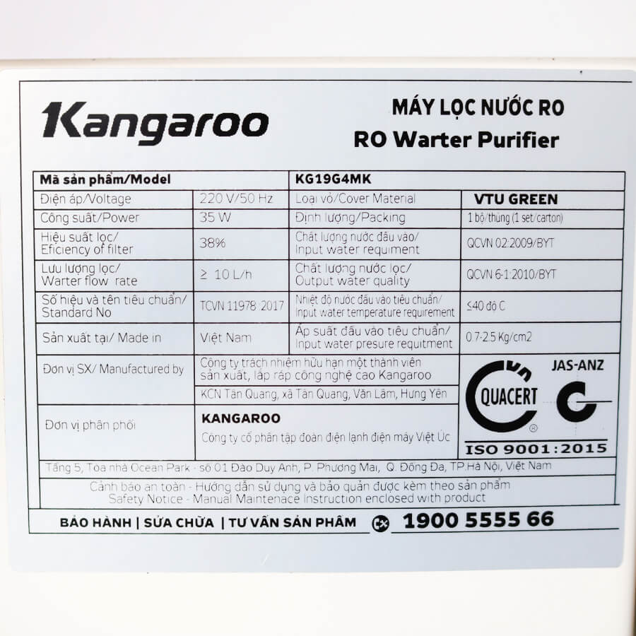 Máy Lọc Nước RO Kangaroo KG19G4MK vỏ VTU (dành cho nước phèn) - Hàng chính hãng