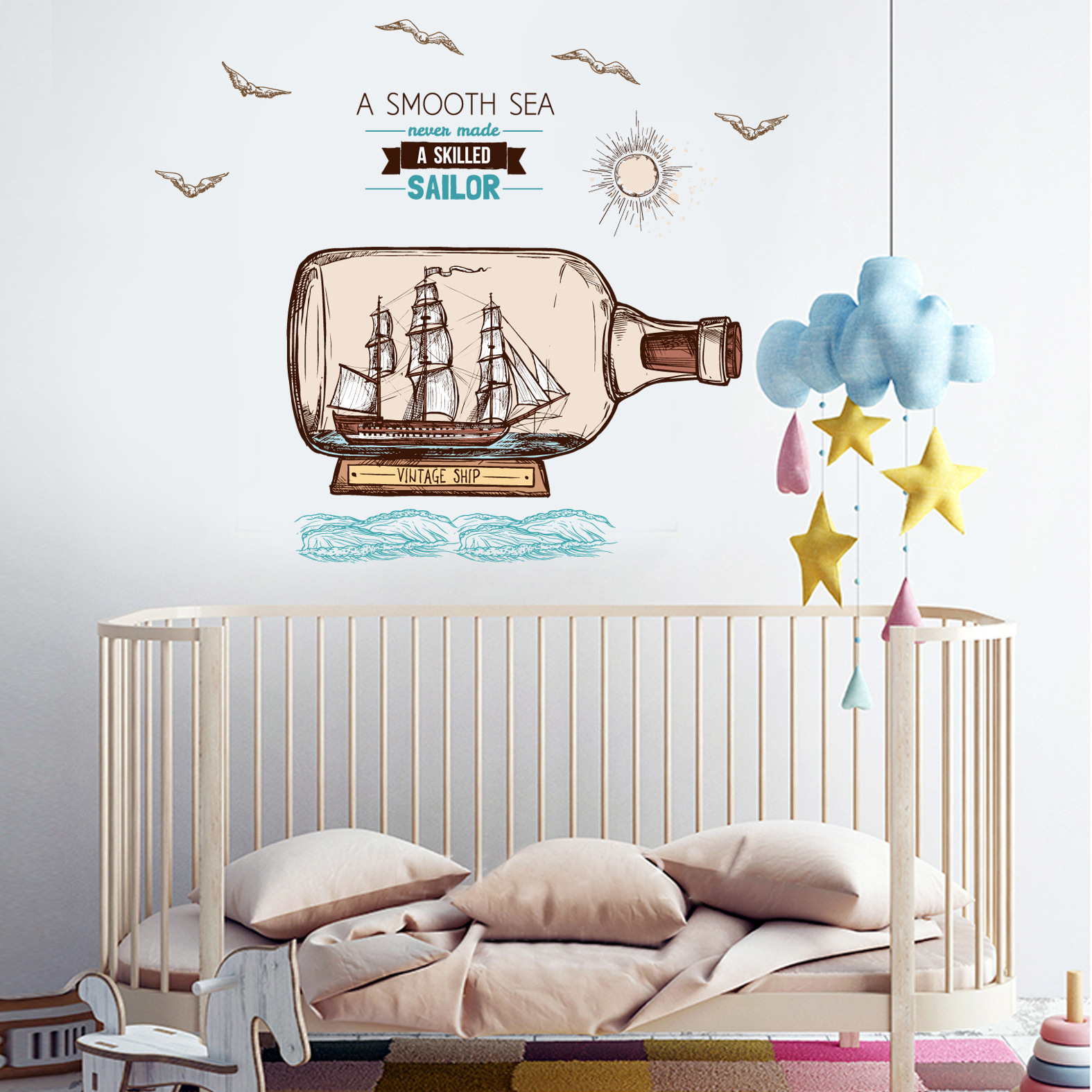 Decal Vintage Ship và thông điệp (A Smooth Sea never made a skilled Sailor) AmyShop DKN100 - 90 x 90 cm