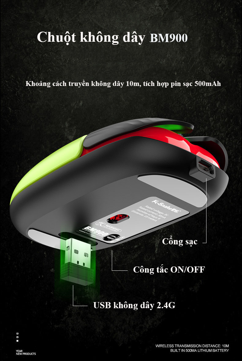 Chuột không dây Wireless K-Snake BM900 pin sạc kiểu dáng bọ cánh cứng - Click chuột Silent chống ồn, DPI lên đến 3200