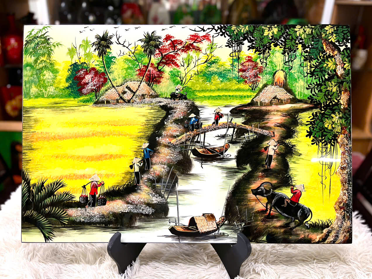 Tranh sơn mài đồng quê vẽ màu Thanh Bình Lê 40x60 cm