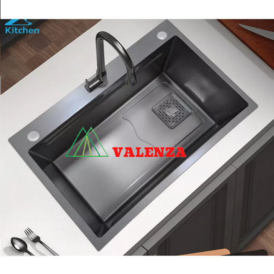 Bồn chậu rửa chén bát 1 hố lớn 78x46cm sus304 nano đen Valenza dày 3,5li kèm chậu phụ inox, bộ xả to ngăn mùi-Hàng chính hãng