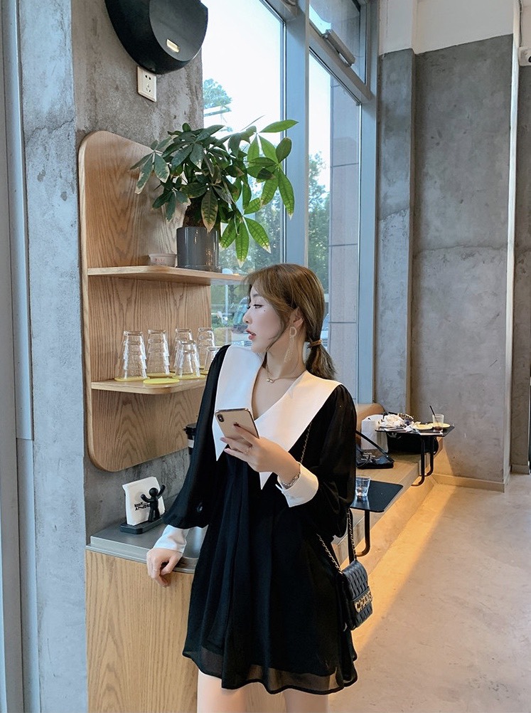 Đầm sang trọng trắng đen cổ nhọn cột nơ phối chất voan lụa cao cấp WHITE DRESS 29