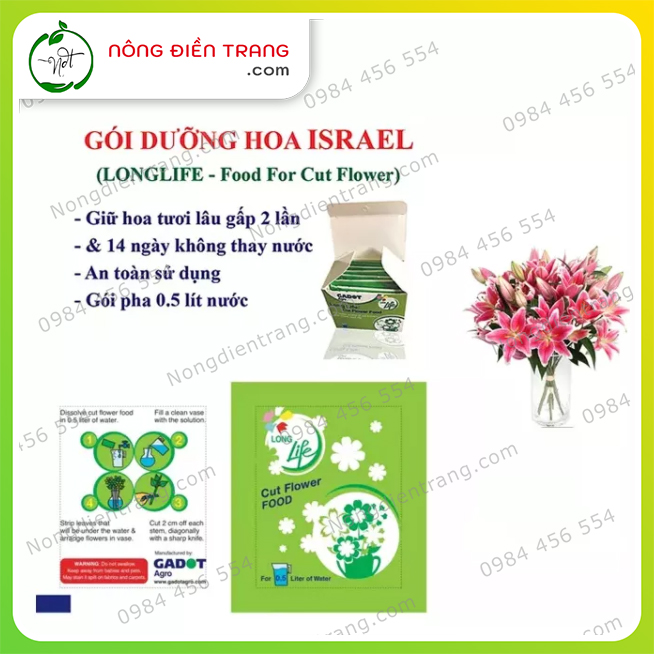 Bột Pha Nước Cắm Hoa Tươi Lâu Long Life (Hộp 10 Gói) - Bột Dưỡng Hoa Gadot Israel Hoa Lâu Tàn Nở Bông To Không Hôi Nước - VTNN Nông Điền Trang