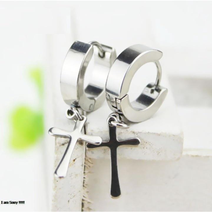 Bông Tai Nam Inox Khoae Tròn Rớt Thánh Giá Cá Tính Phong Cách Hàn