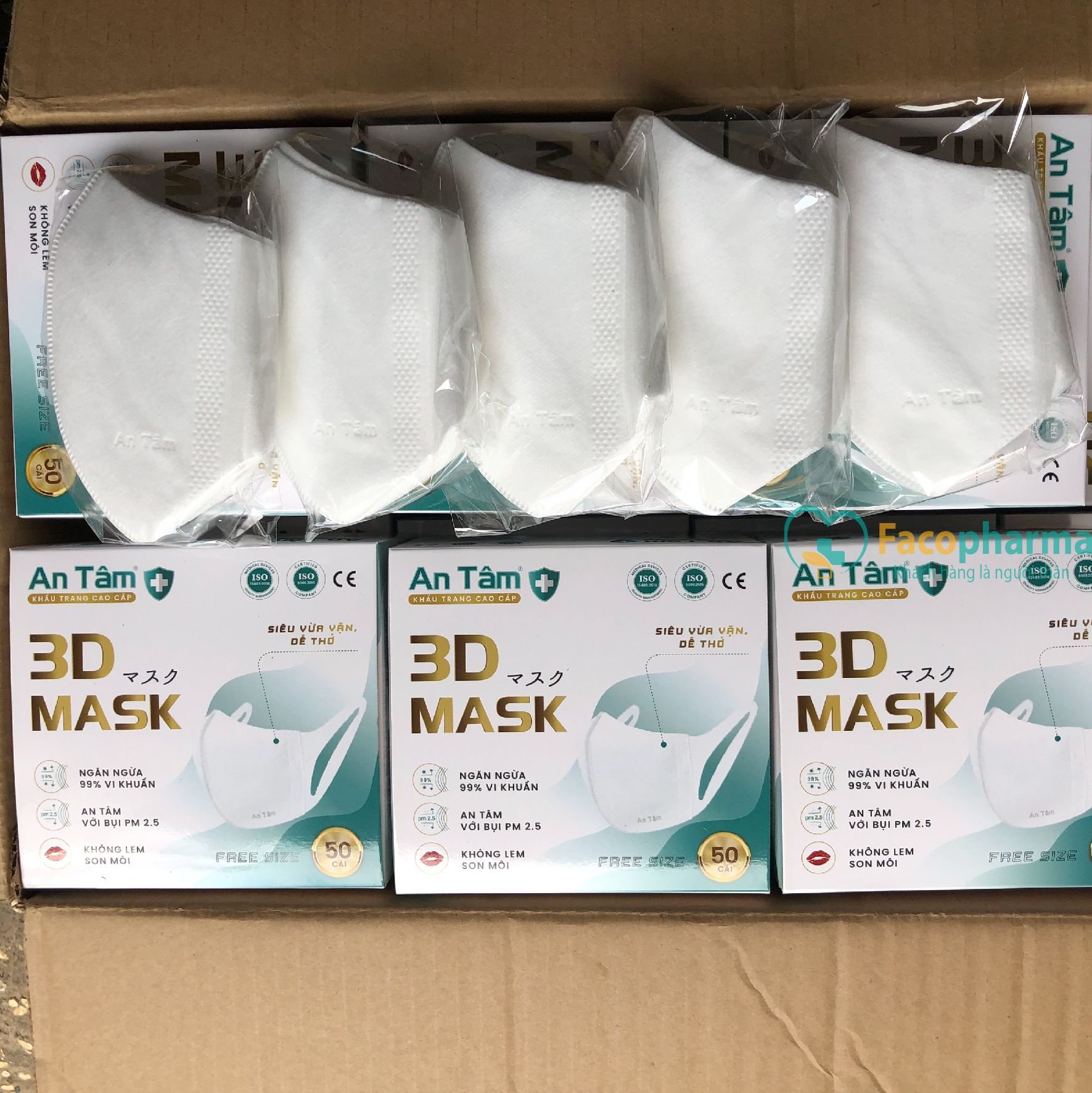 Hộp 50 cái khẩu trang 3d mask kháng khuẩn An Tâm ngăn bụi mịn dây đeo mềm mại dễ thở