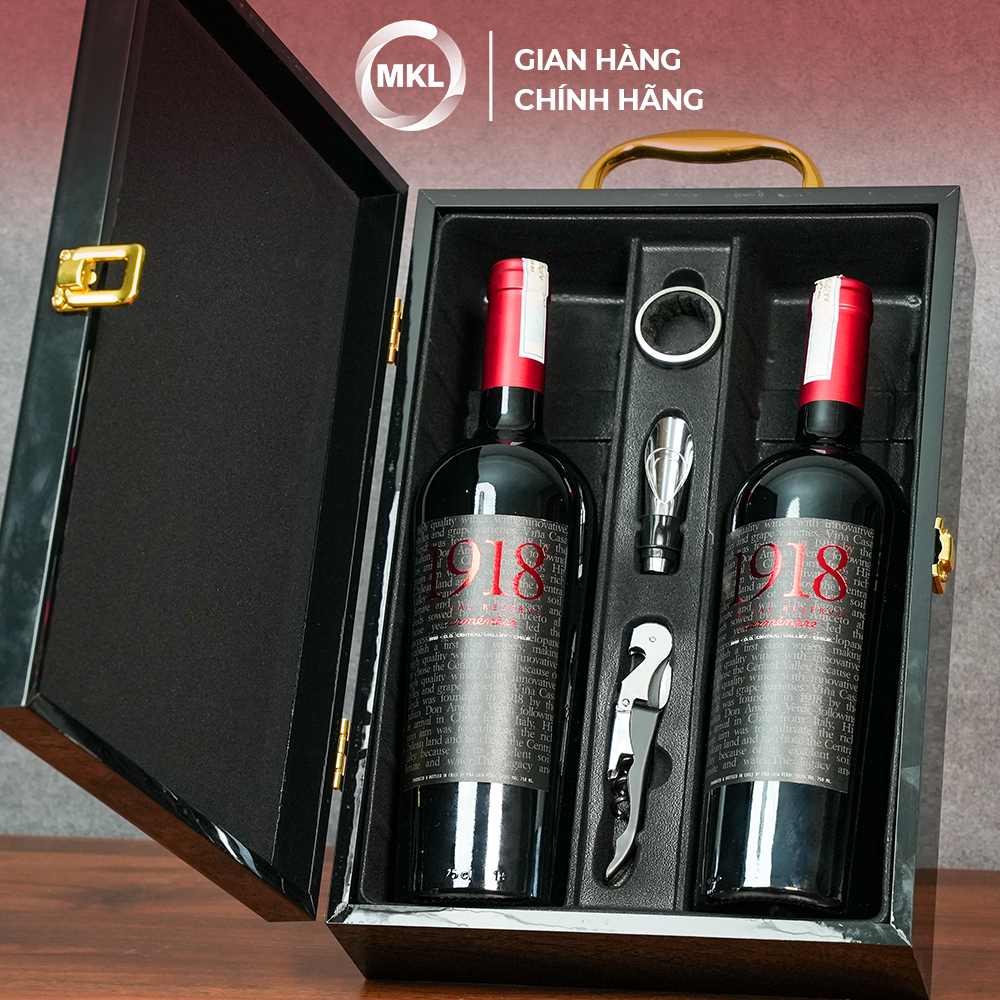 Combo 2 chai Rượu Vang Đỏ 1918 Special Reserve Carmenere 750ml 14% Chile (Hộp cao câp đôi có phụ kiện) - Hàng Chính Hãng