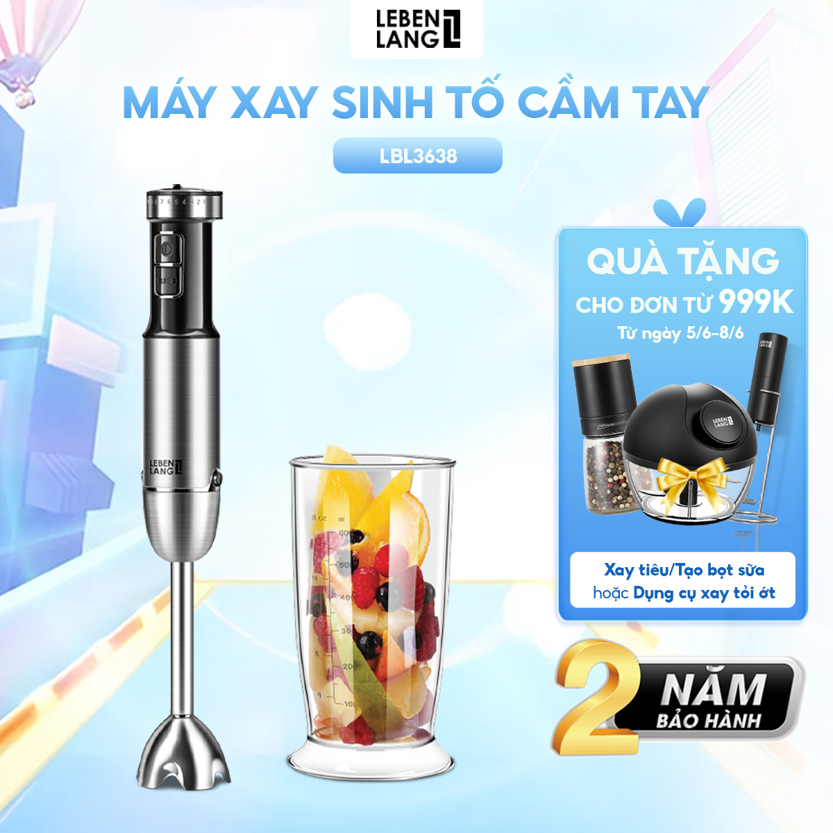 Máy xay sinh tố cầm tay đa năng Lebenlang LBL3638, công suất 1000W, lưỡi dao 2 cánh, bảo hành 2 năm – hàng chính hãng