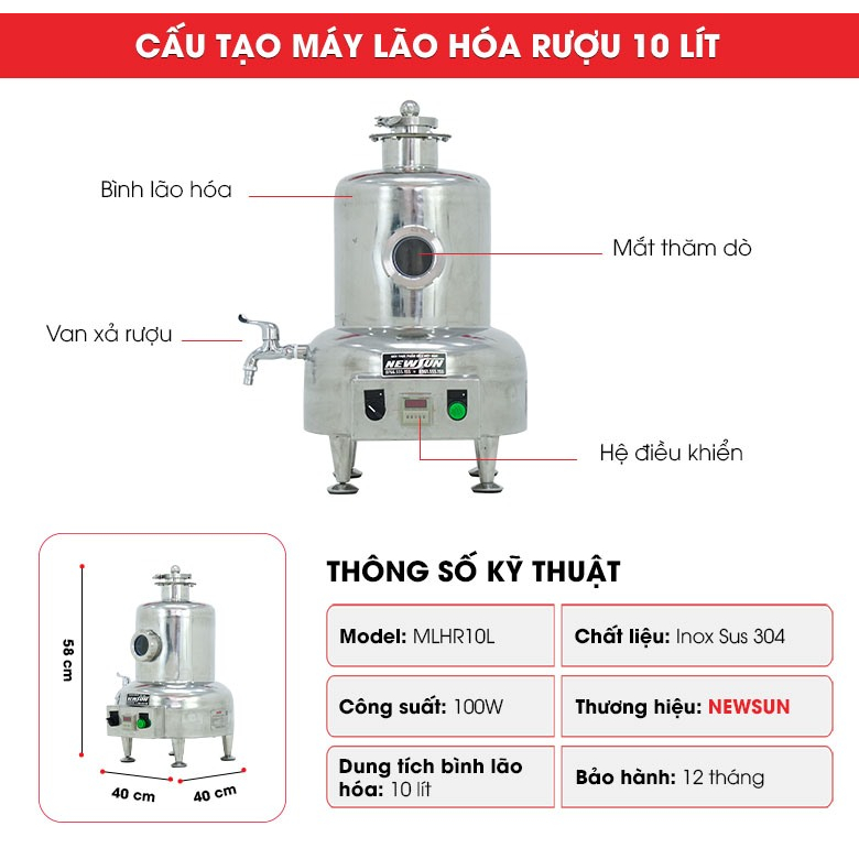 Máy lão hóa rượu 10 lít NEWSUN làm già tuổi rượu thơm ngon an toàn - Hàng chính hãng