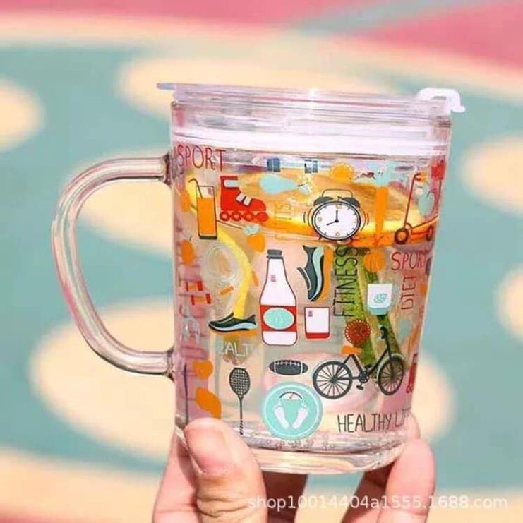 Cốc Uống Sữa Chia Vạch Thuỷ Tinh Chịu Nhiệt - Ly thủy tinh chống tràn kèm ống hút
