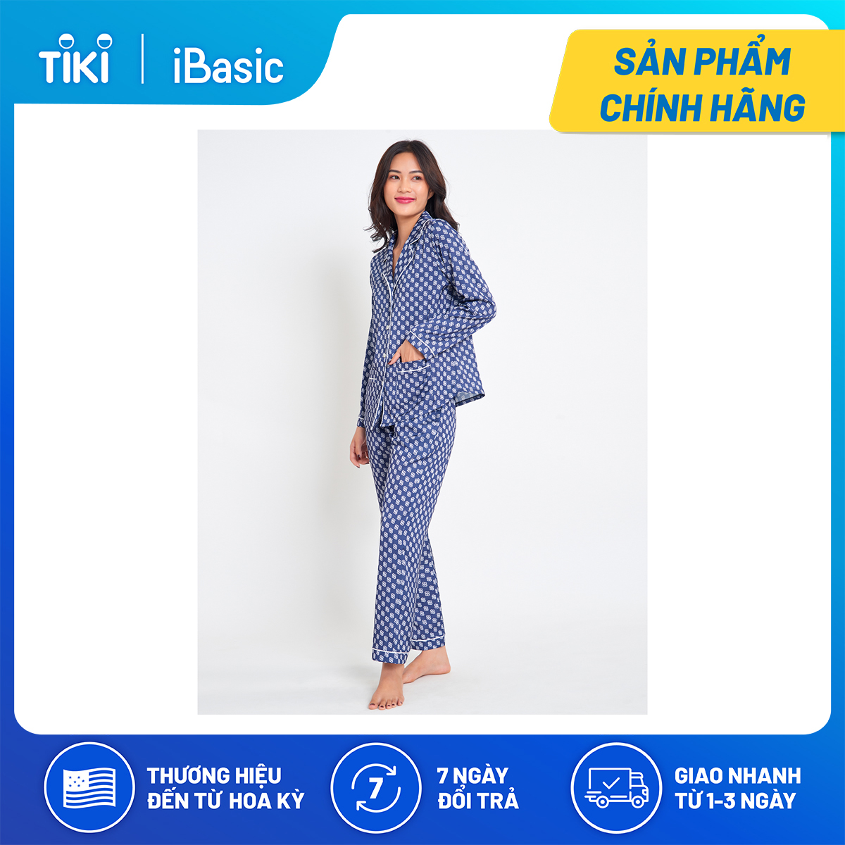 Bộ pyjama nữ lụa Satin dài hoạ tiết icon iBasic HOMW029T và HOMW029B