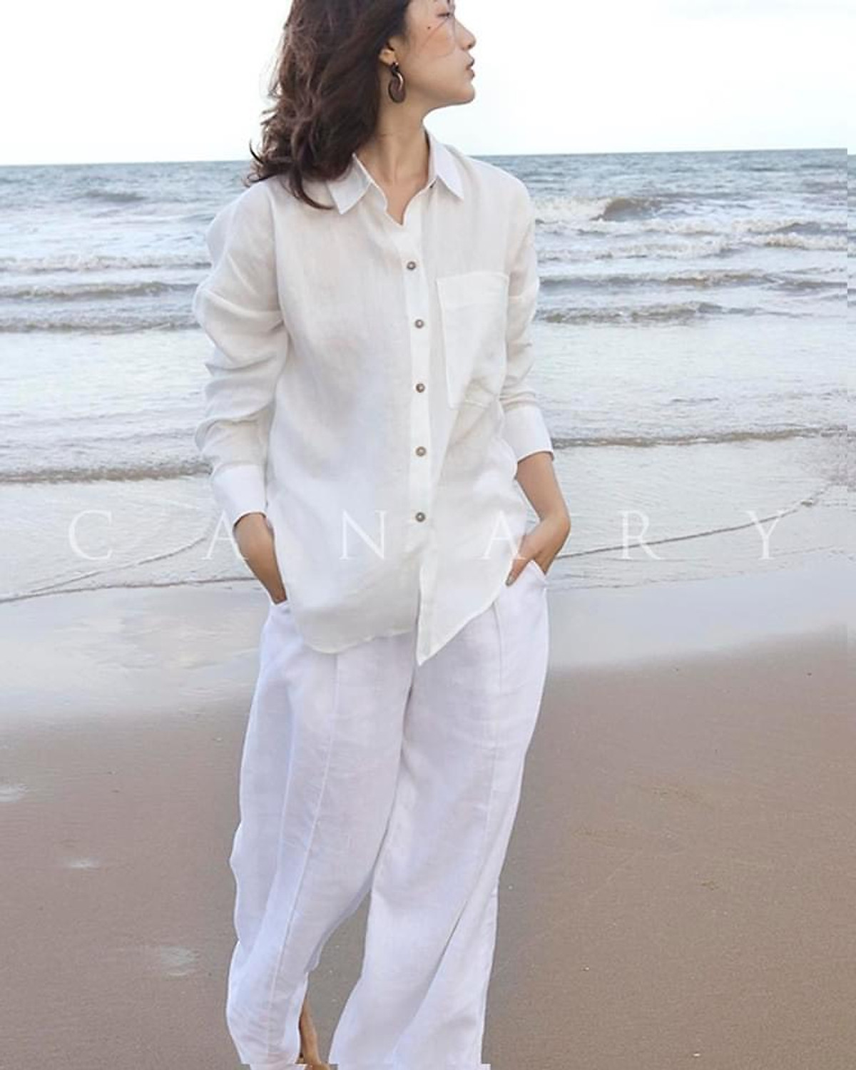 Sơ mi nữ linen form rộng trễ vai trẻ trung