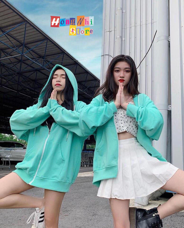Áo Khoác Hoodie Zip Trơn Oversize Ulzzang Unisex Hoodie Dây Kéo Màu Xanh Ngọc Dáng Rộng - MM
