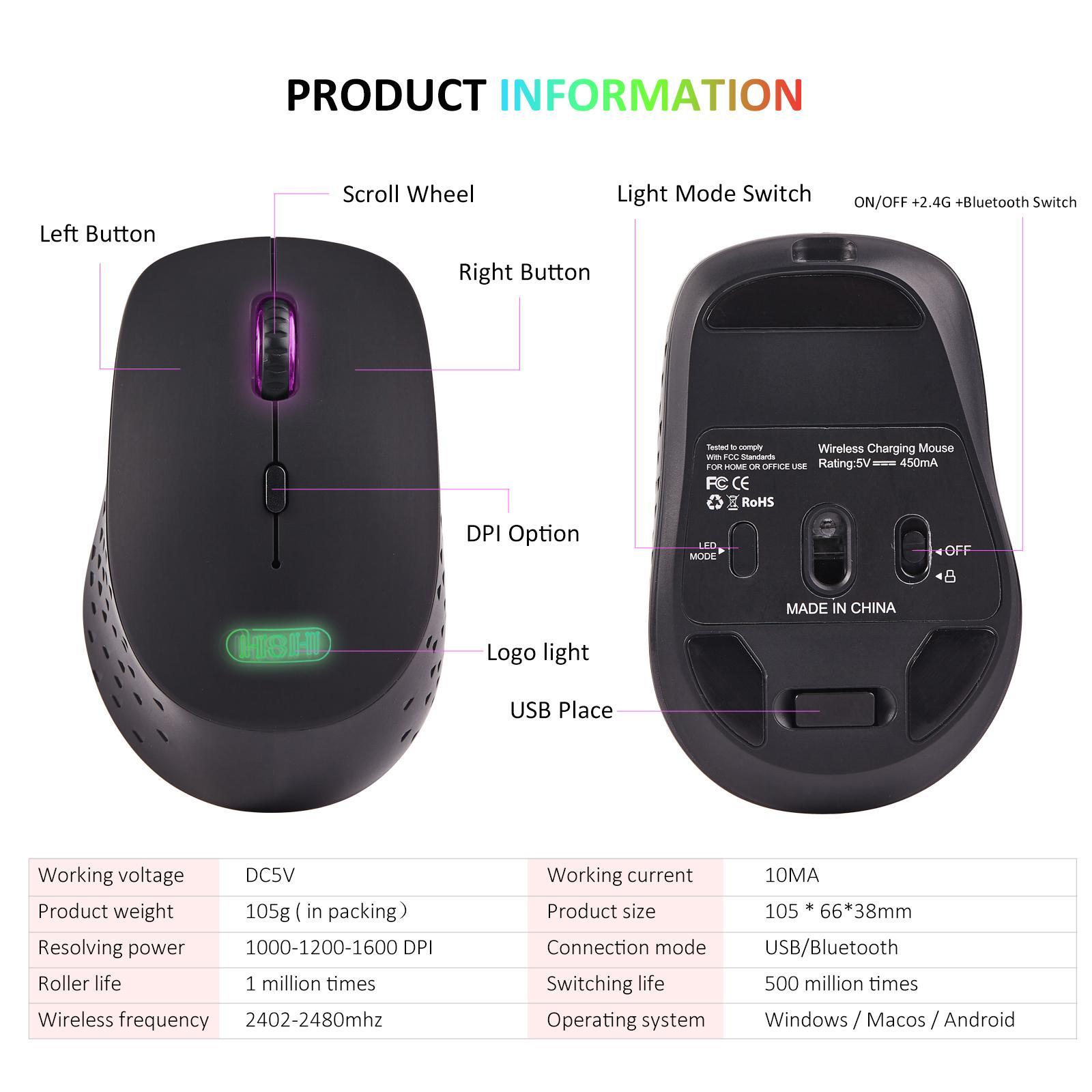 Bluetooth Mouse .1 and 2.4G Optical Mouse 1000-1200-1600 DPI for Computer