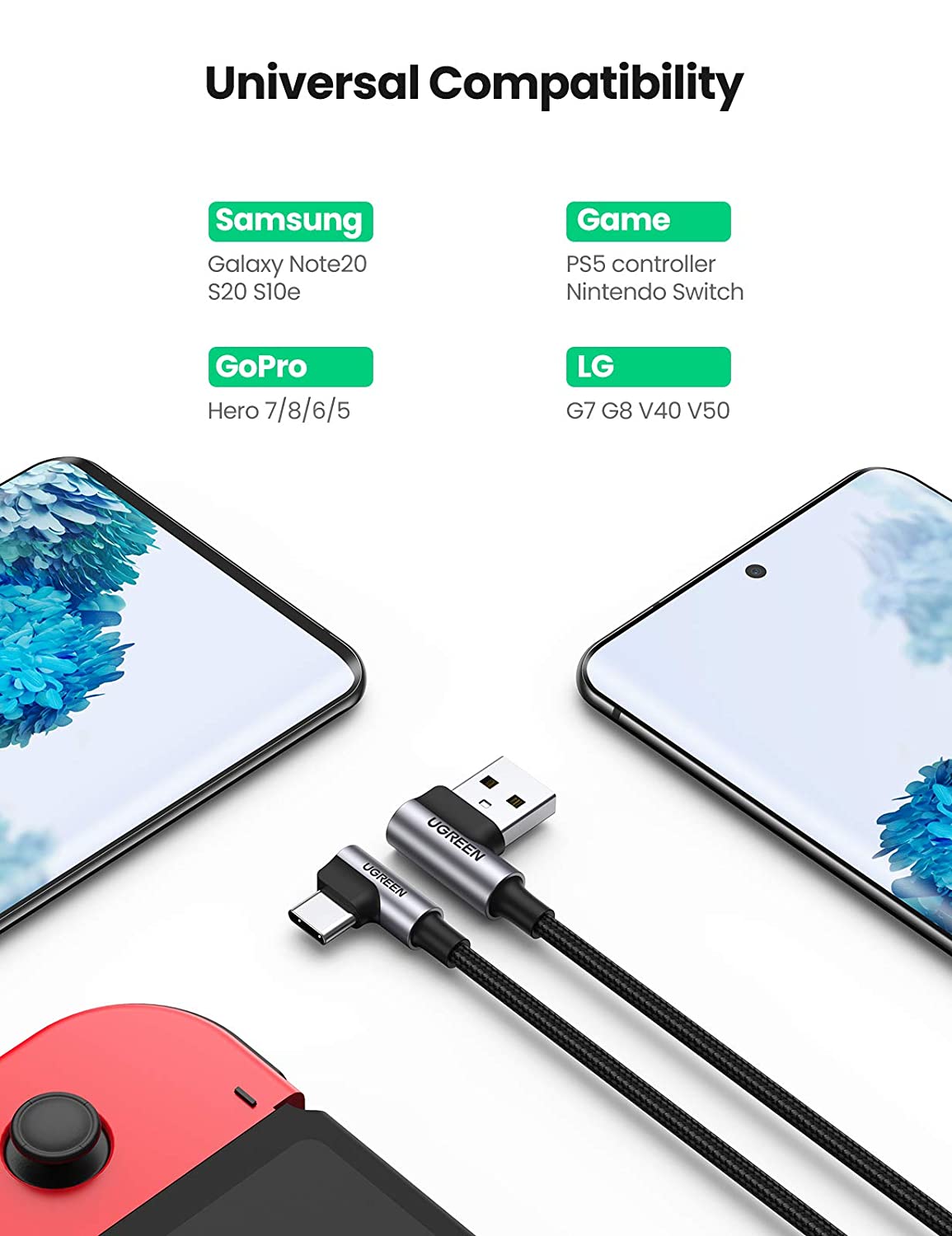 Cáp sạc hãng UGREEN US176 bẻ góc 90 độ USB 2.0 sang USB type C dây bện dài 0.5-2m - Hàng nhập khẩu chính hãng