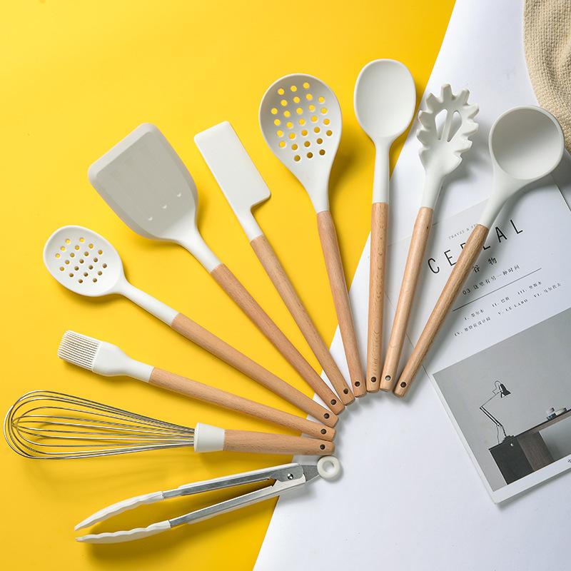 Màu Trắng Sữa Nấu Ăn Bộ Dụng Cụ Chống Nhiệt Độ Cao Không Dính Silicone Vật Dụng Nhà Bếp Bộ Nồi Đồ Dùng Nhà Bếp Mới Nhất
