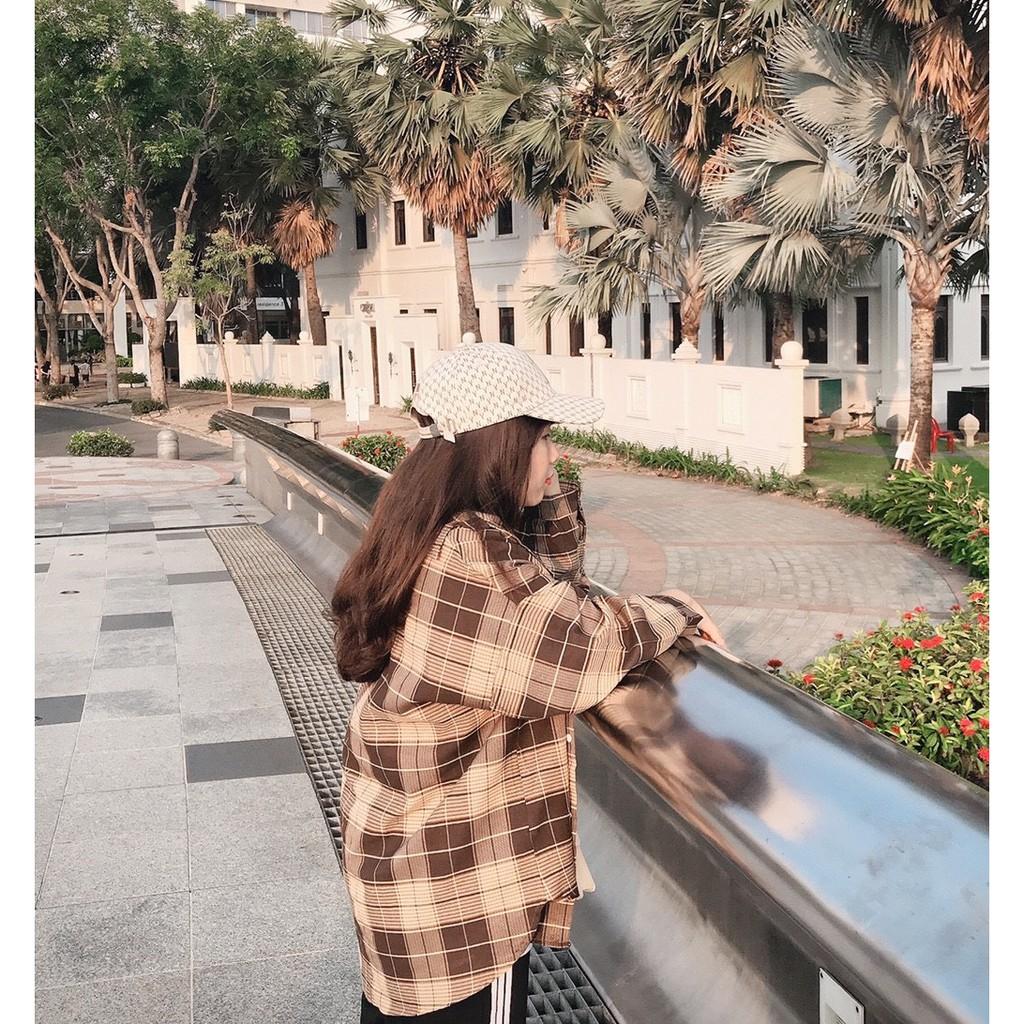 Áo khoác sơ mi caro nữ Form to tay phồng, túi giả trước ngực
