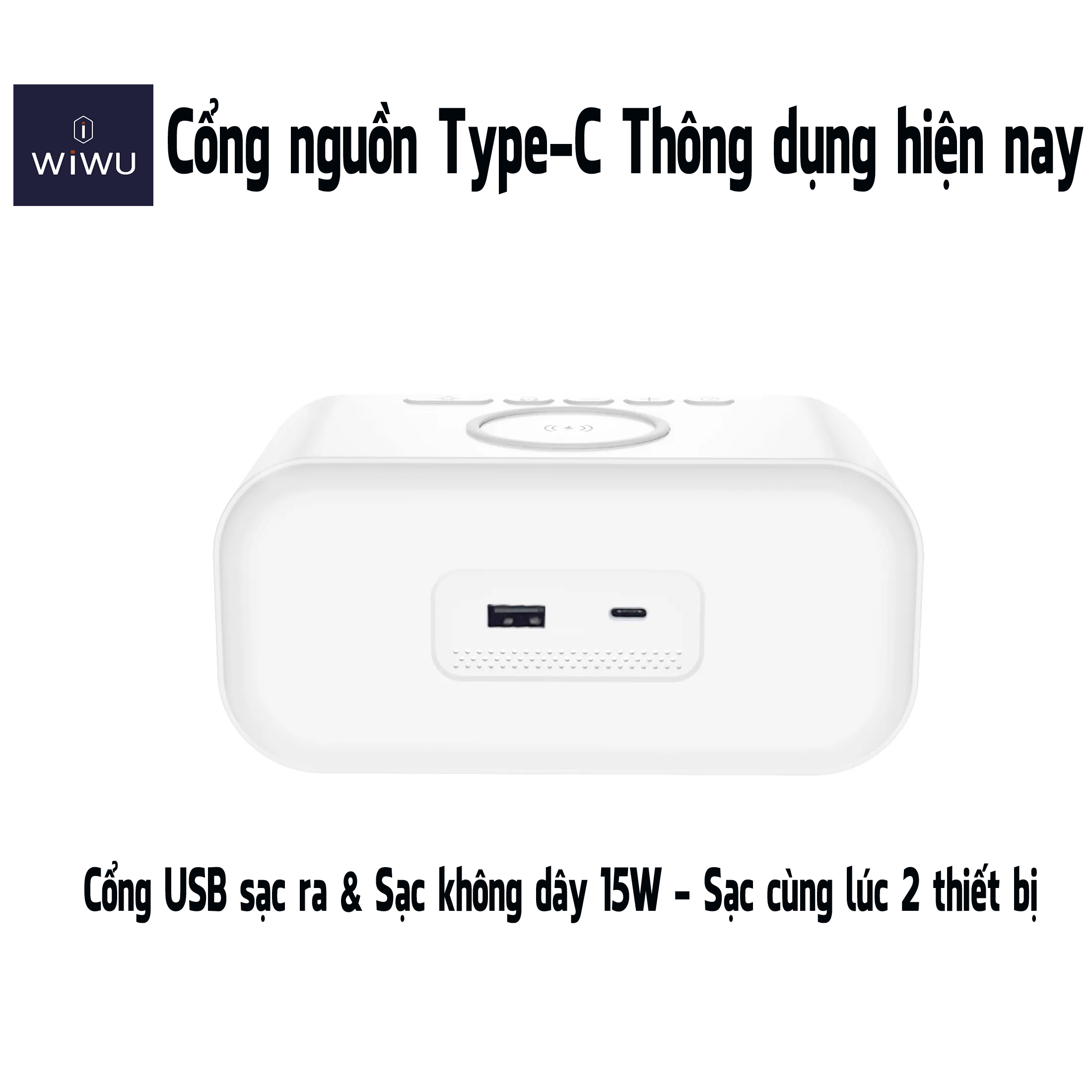 Đế sạc không dây sạc nhanh 15W kiêm đồng hồ để bàn và đèn ngủ hiệu WIWU Time Wireless Charger Wi-W015 - sạc cùng lúc 2 thiết bị, Chuẩn Qi, Smartchip, đèn LED nhiều màu - Hàng nhập khẩu