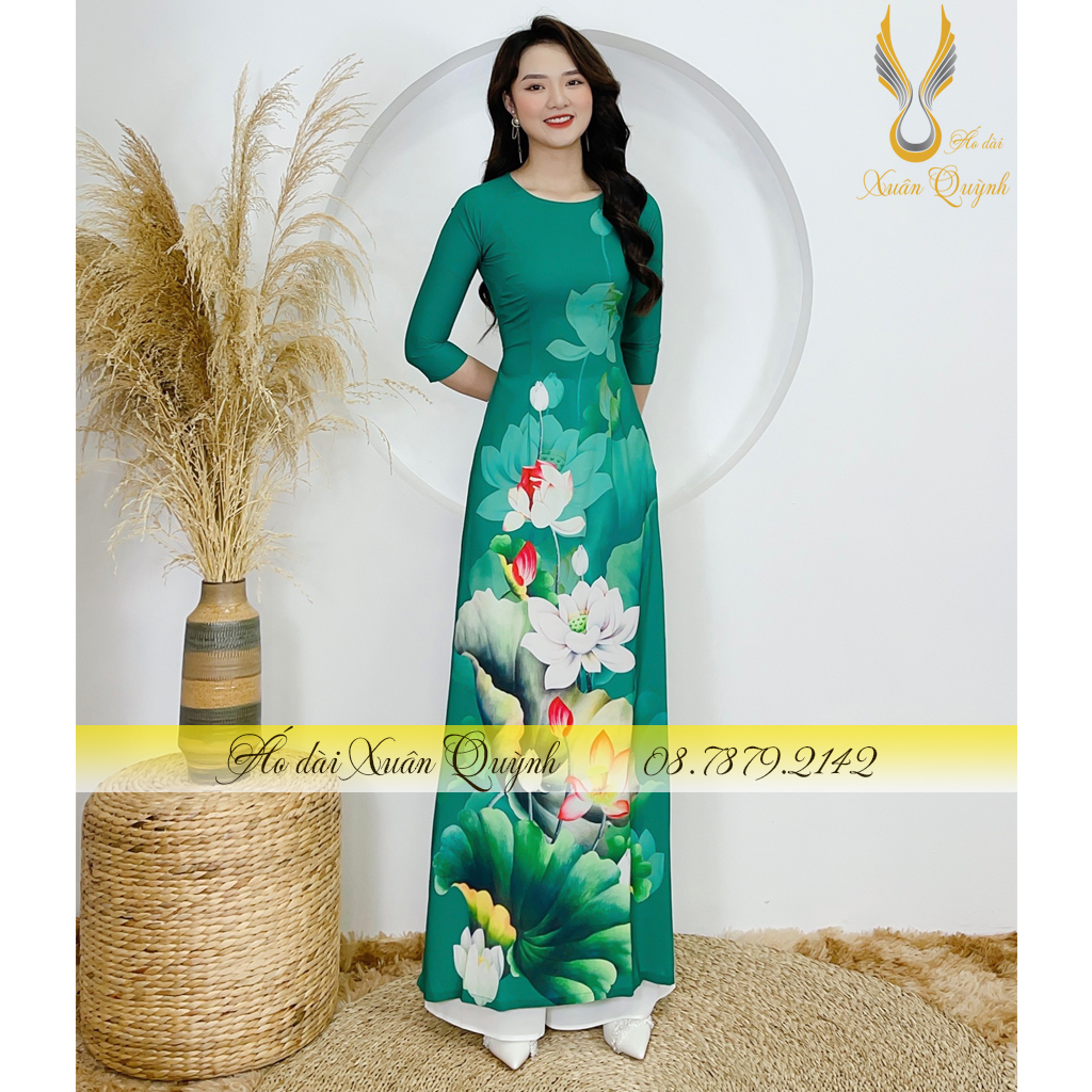 Áo Dài Xanh Ngọc Lục Bảo Sen Trắng, Duyên Dáng, Thanh Lịch Lụa Habutai Cao Cấp K100
