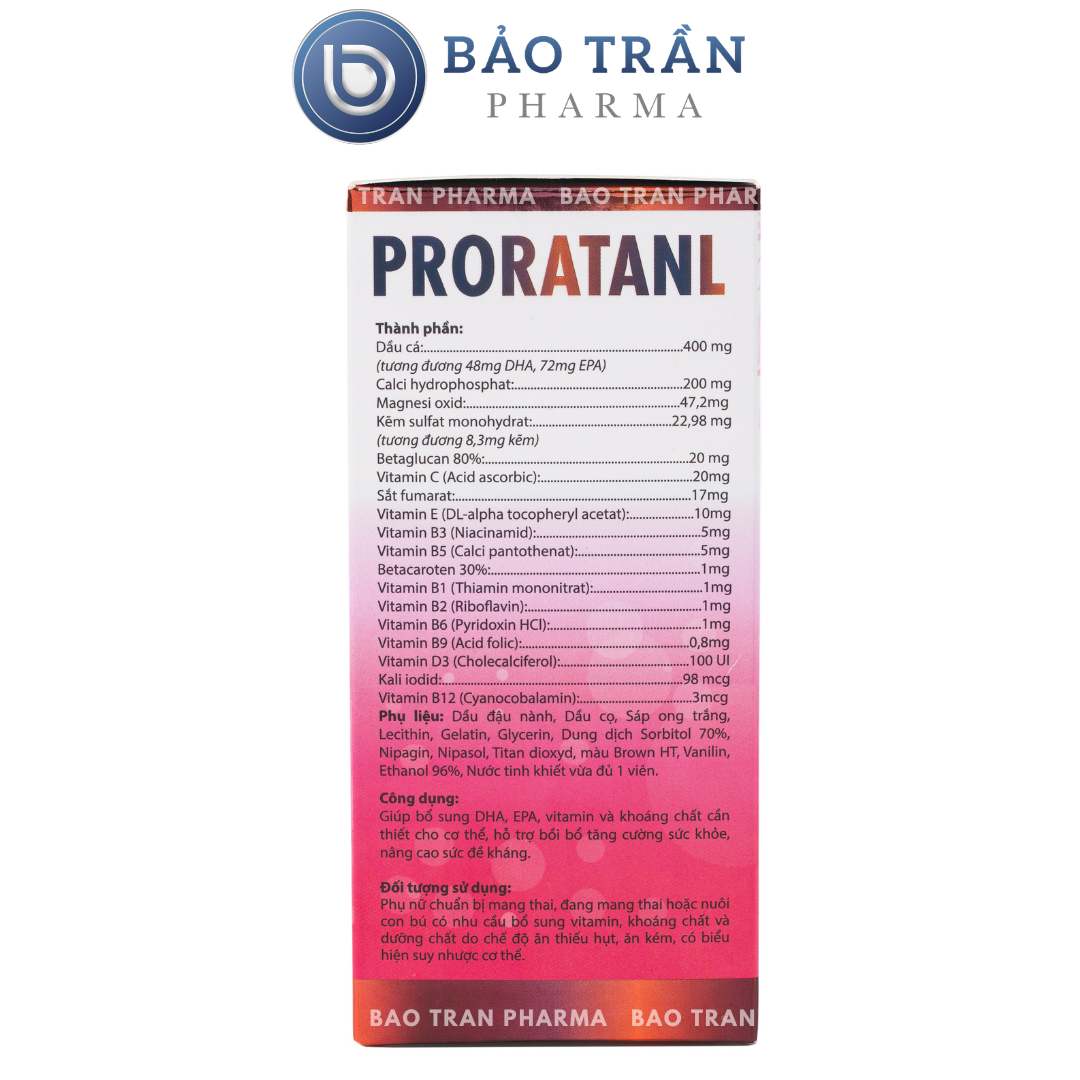 Viên uống Proratanl bổ sung DHA, EPA, Vitamin và khoáng chất hỗ trợ bồi bổ sữc khỏe cho phụ nữ mang thai - Hộp 30 viên