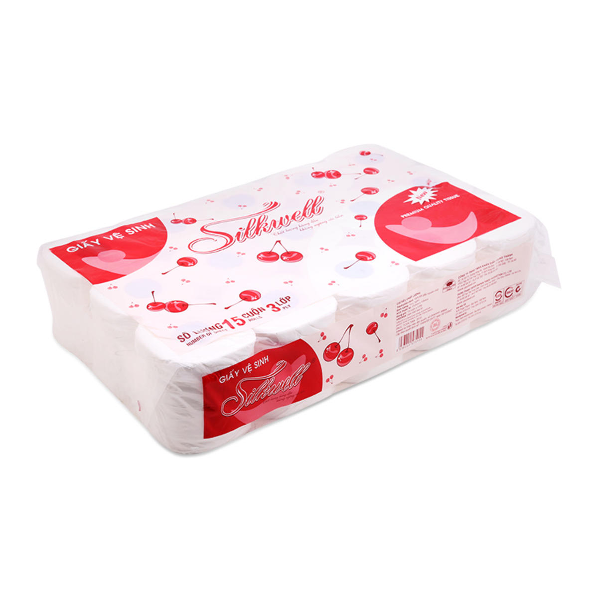 Giấy vệ sinh Silkwell Cherry 15 cuộn 3 lớp có lõi cao cấp, giấy vệ sinh siêu mềm mịn không tẩy trắng hàng chính hãng