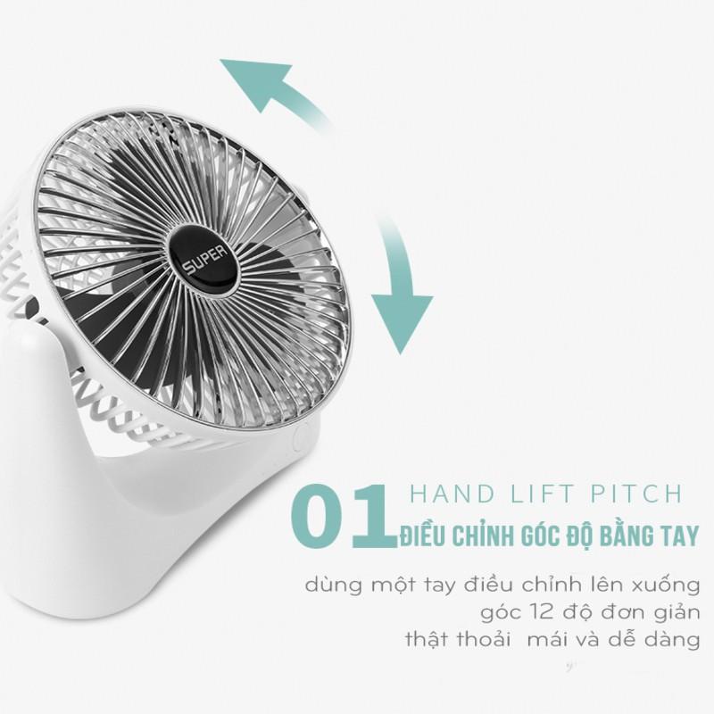 Quạt Tích Điện Mini Để Bàn SUPER FAN Với 3 Cấp Độ Gió, Sạc USB Siêu Tiện Lợi