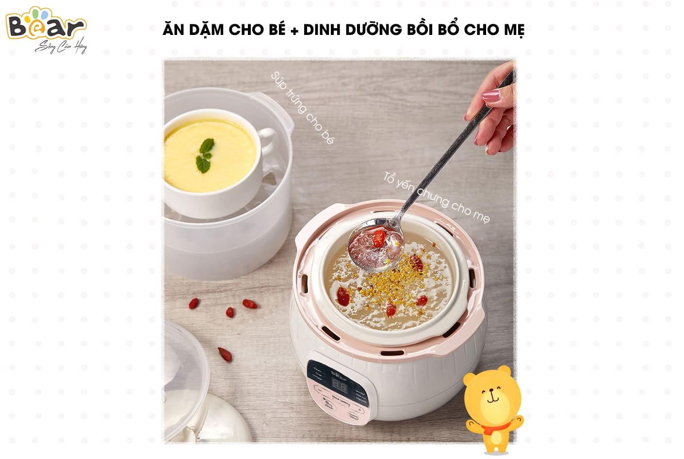 Nồi Ninh, Hấp, Nấu Cháo, Nấu Đồ Ăn Dặm Cho Bé 4 Trong 1 BEAR SUBE001 Có Lồng Hấp Dung Tích 0.8 L Công Suất 200W - Hàng Chính Hãng