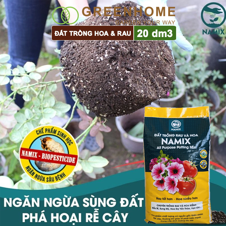 Đất trồng hoa và rau Namix, bao 20dm3 (12kg), hữu cơ, dùng ngay không cần bổ sung thêm phân bón |Greenhome