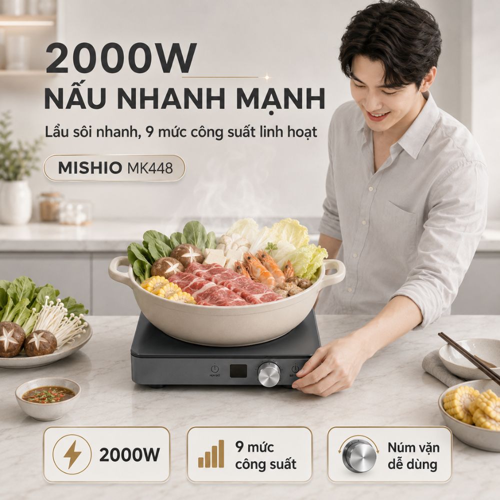 Bếp Từ Đơn Mishio MK448 Công Suất 2000W - Mặt Kính Kanger Hạng A - hàng chính hãng