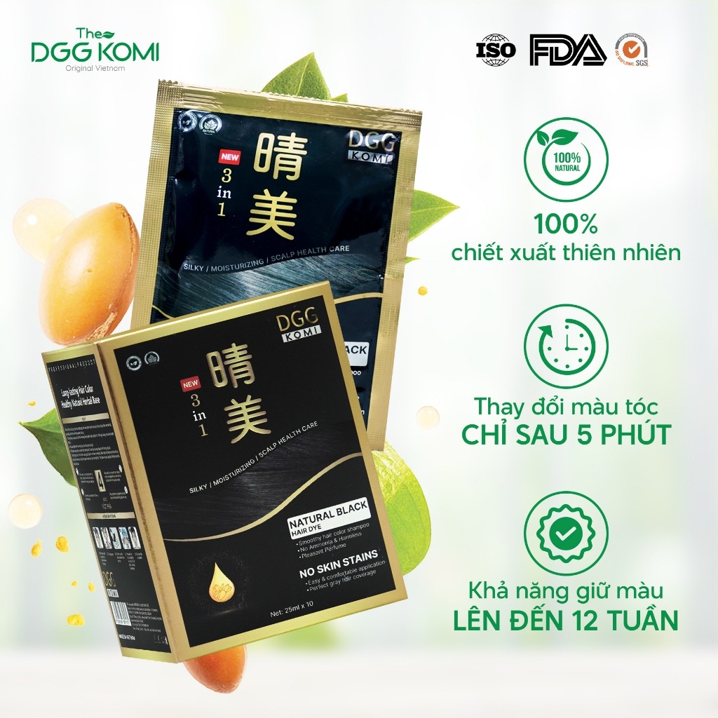 Combo 3 gói dầu gội nhuộm tóc thảo dược DGG KOMI Việt Nam lên màu chuẩn salon chiết xuất thiên nhiên dung tích 25ml/1gói