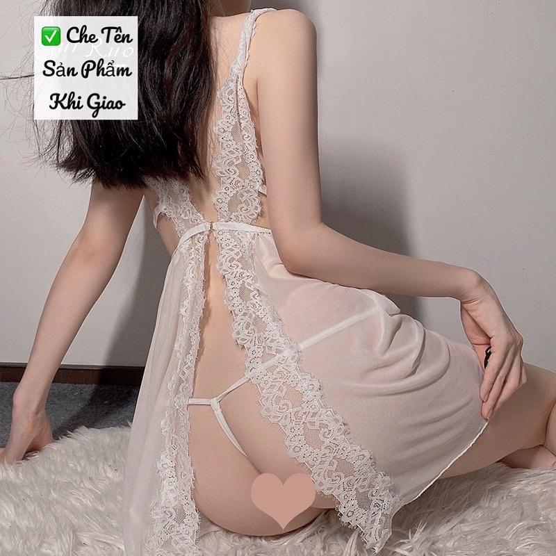 Mã QR725 Váy Ngủ Voan Phối Ren Thiết Kế Cổ V - Đầm Nữ Xẻ Tà Sau Gợi Cảm