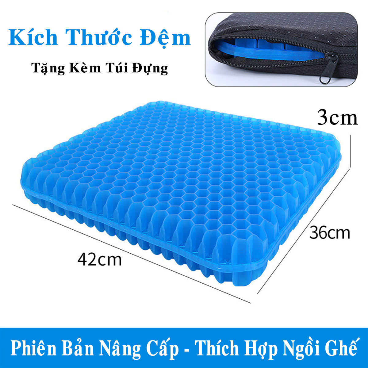 Đệm Ngồi 3D Silicon Cao Cấp 2 Lớp Tổ Ong Lót Ghế Thoáng Khí Chống Đau Mỏi Lưng - Loại 1 dày 1kg