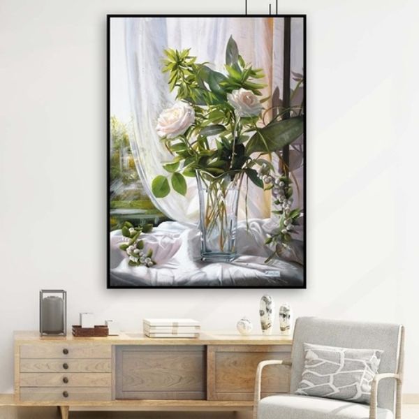 Tranh treo tường gỗ kim sa bo viền hoa hồng trong nắng  KT09( 50x70cm)