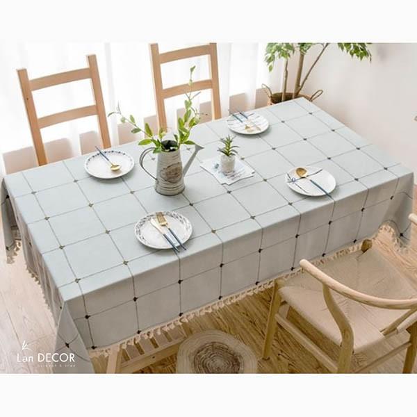 Khăn trải bàn đẹp mẫu kẻ ô vuông lớn màu xanh mint -TB491