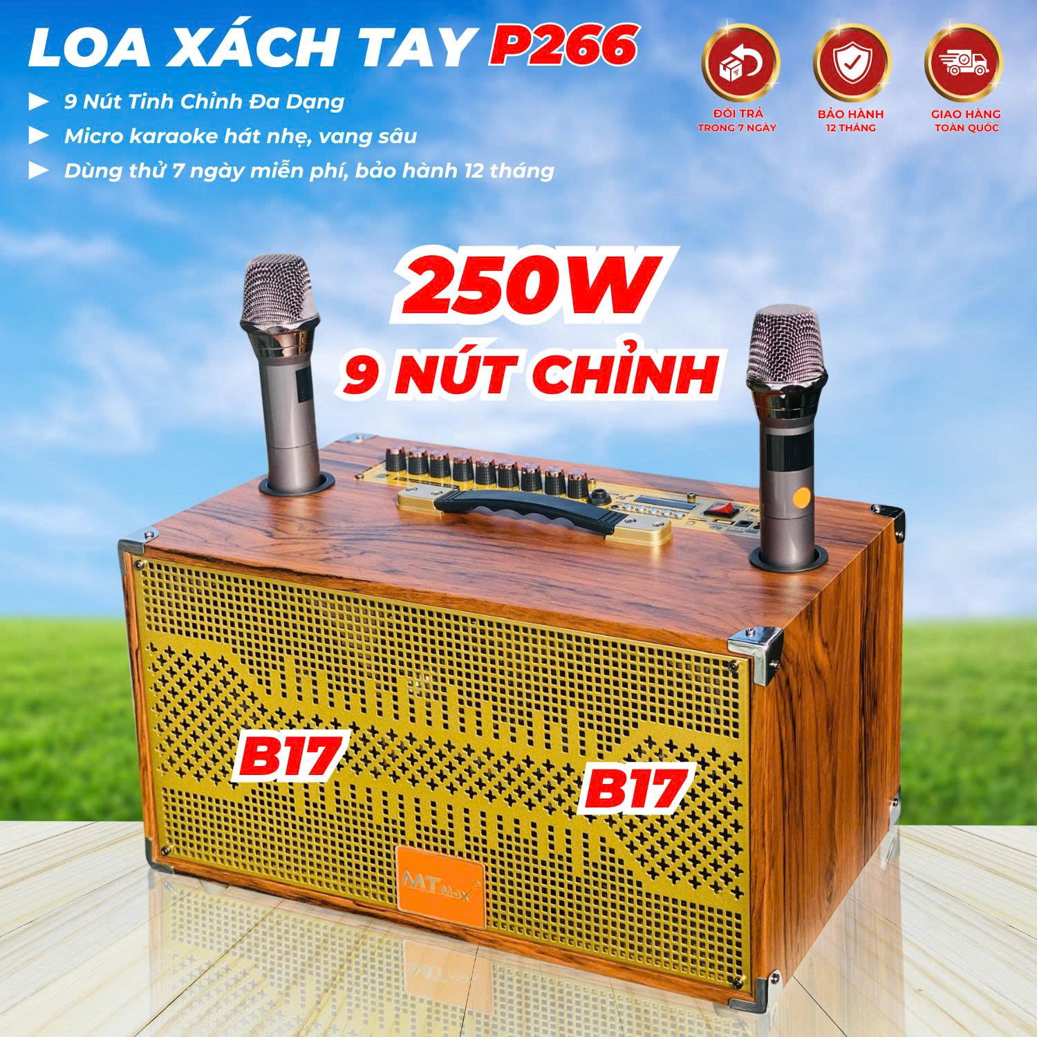 Loa Karaoke Mini MT P266 Bass đôi 17 Công Suất 250w Kết Nối Bluetooth, Hát Cực Hay Kèm 2 Micro Không Dây Hút Tiếng Hát Nhẹ Bảo  Hàng Nhập Khẩu