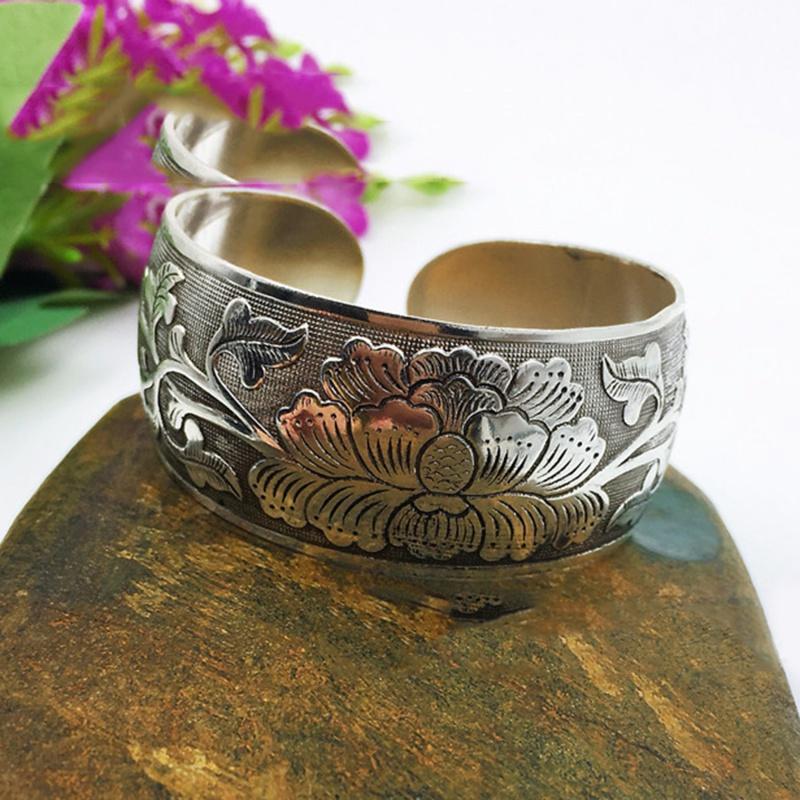 Women Bohemian Bracelet Cuff Peony vintage Tibetan Tibet Carved Silver Totem Bangles Accessories