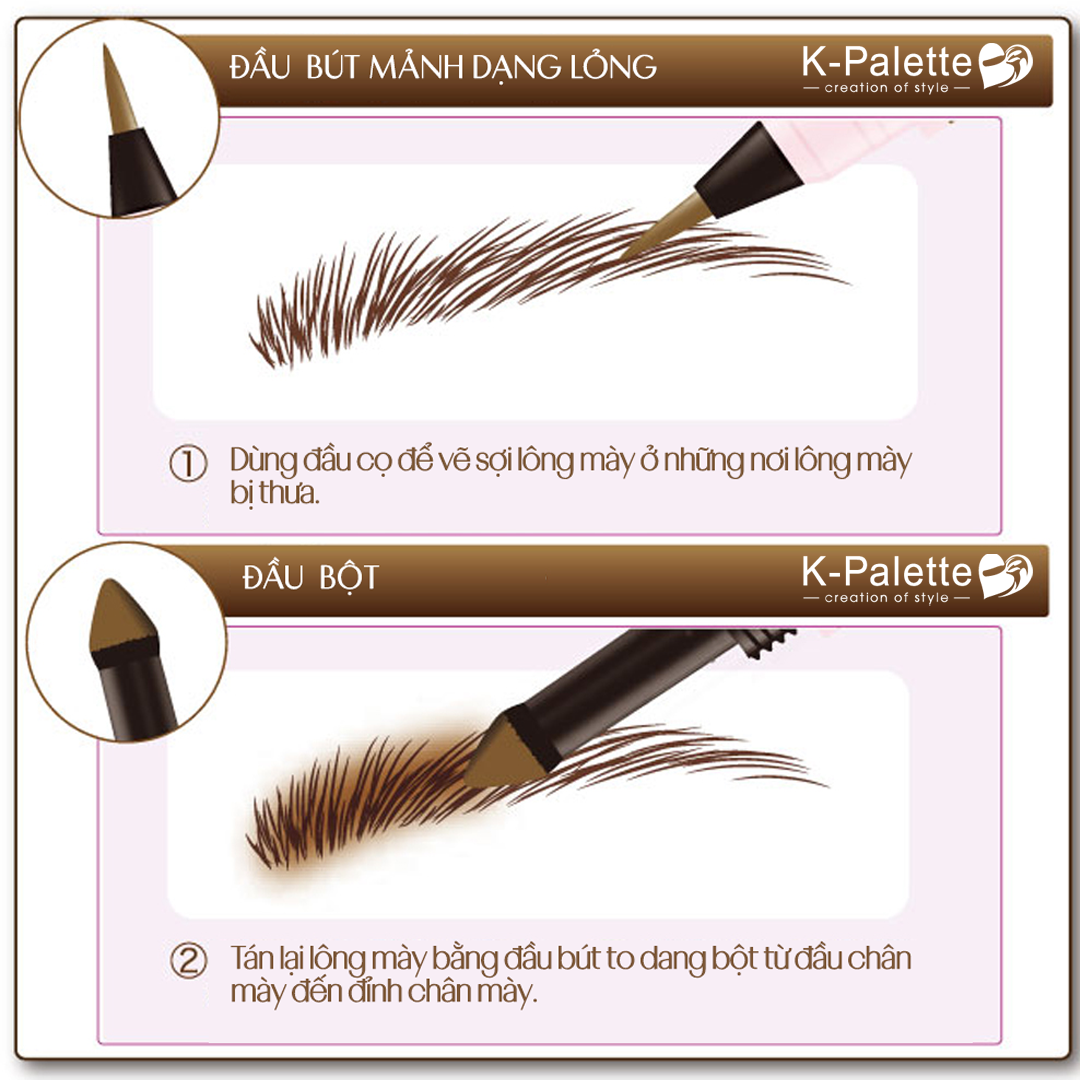 Bút Vẽ Lông Mày 2 Đầu Nhật Bản, Đầu Nước, Đầu Bột K-Palette Lasting 2Way Eyebrow Liquid WP, Chống Nước, Lâu Trôi, Bền Màu