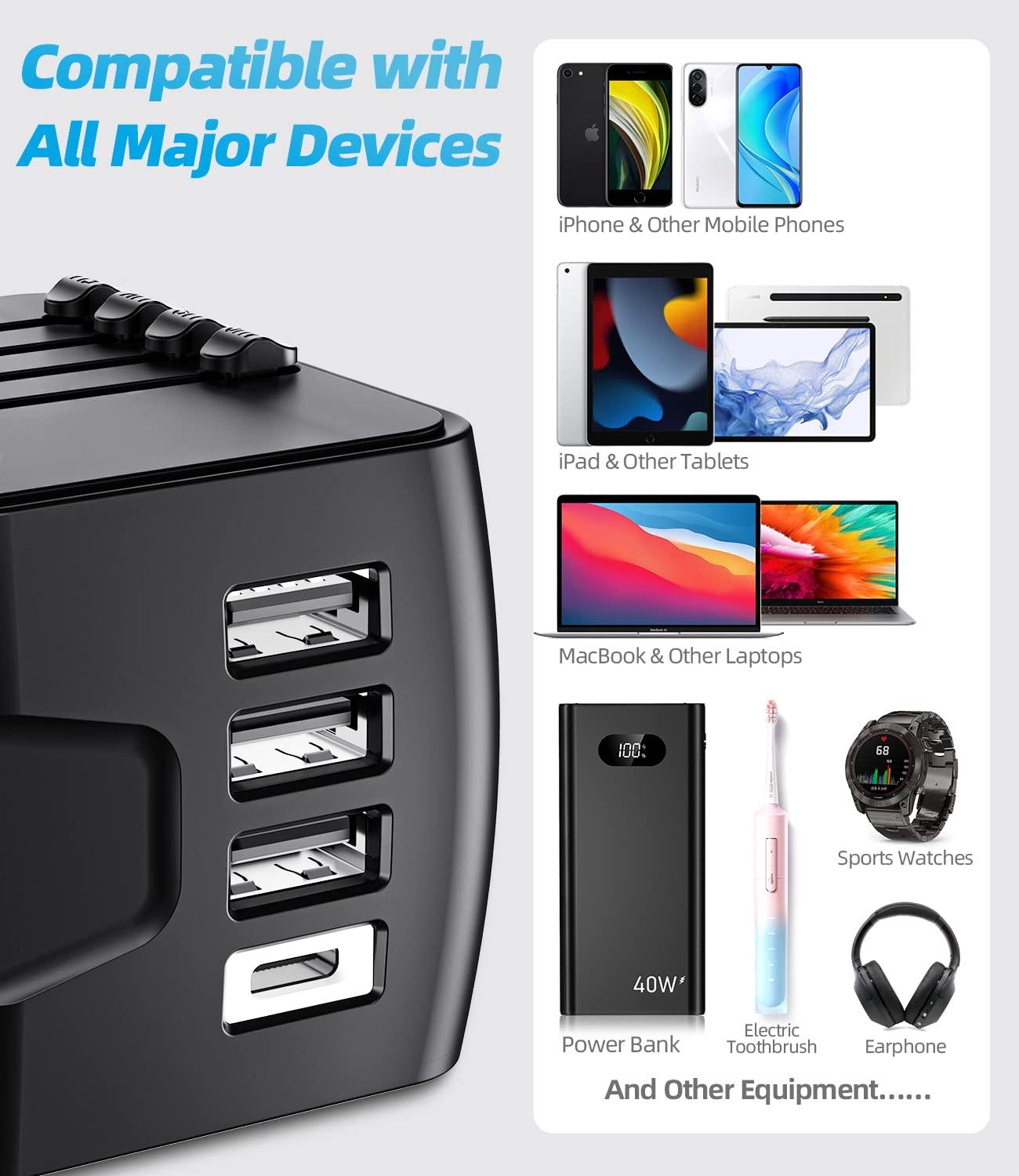 Bộ điều hợp du lịch, Bộ điều hợp ổ cắm Universal với ổ cắm Type-C + 3 USB / AC, Bộ điều hợp AC Pháp đến Hoa Kỳ Đức Đức Thái Lan Ý Úc Trung Quốc Nhật Bản Nhật Bản