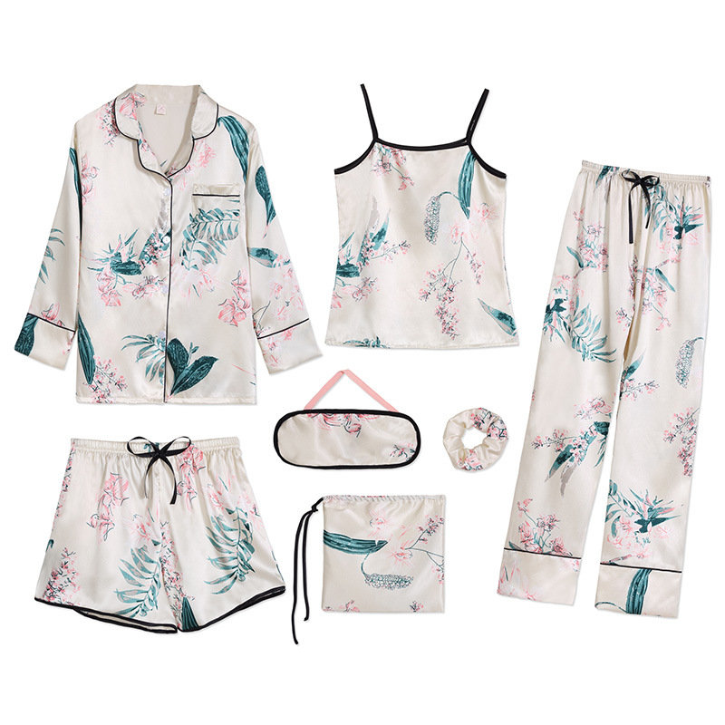 Bộ đồ ngủ, đồ mặc nhà Pyjamas vải lụa set 7 món nhiều cách phối với họa tiết lá cây phong cách Hàn Quốc - Chiara