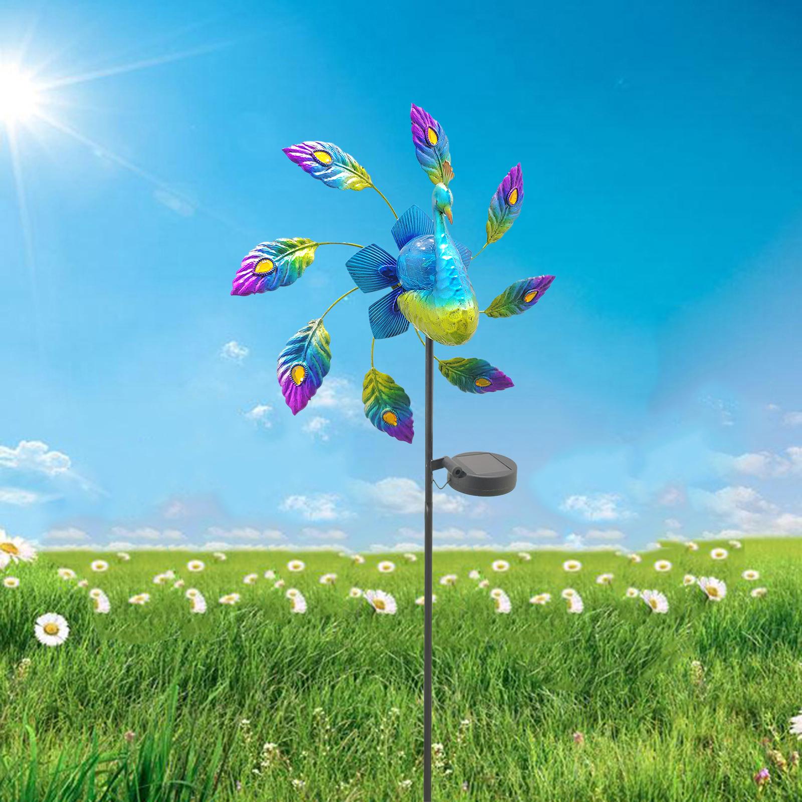 Solar Wind Spinner LED Light Peacock Sculpture WindMill Outdoor Garden Stake
